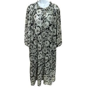 Time and Tru Black White Floral Dress Sz XXXL (22W) Tiered Midi Lined 3/4 Sleeve